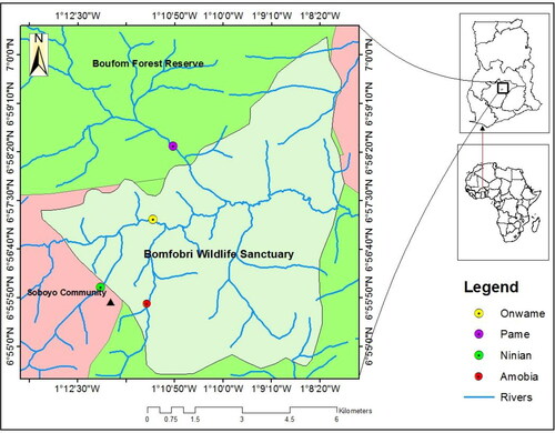 Figure 1. Map of Ghana, showing the three study areas (Bomfobiri Wildlife Sanctuary Source and Boufrom Forest Reserve – Protected areas and Soboyo community – unprotected area), in the Kumawu District. The four riparian zones are represented by the following colours in the legend: yellow – Onwame riprian zone (ORZ), violet – Pame riparian zone (PRZ), bright green – Ninian riparian zone (NRZ) and red – Amobia riparian zone.