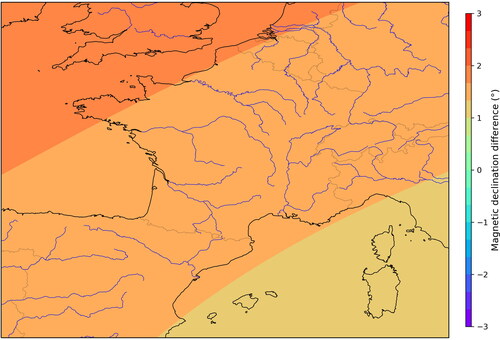 Fig. 2. Difference in magnetic declination between 2020 and 2010 IGRF-13 lookup tables over France and surrounding countries.