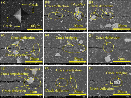 Figure 7. Back scattering electron micrographs for the typical Vickers fingerprint (a) and crack propagation observations (b-i) near the indentation at the polished surfaces of the 1-SNT5 sample