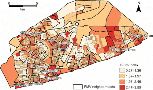 Figure 1. Administrative and field-modified vernacular (FMV) neighborhood boundaries colored with slum index measures by enumeration area (EA).