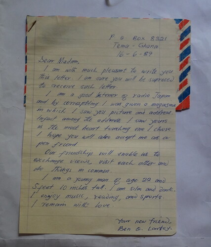 Figure 16 Letter sent by Radio Japan listener from Ghana to Mrs. Shakuntala Verma in India, 16.06.1987, Private Collections Badri Prasad Verma Anjaan, Photo: Gola Bazaar, April 11, 2022, Jyothidas KV © Bajpai.