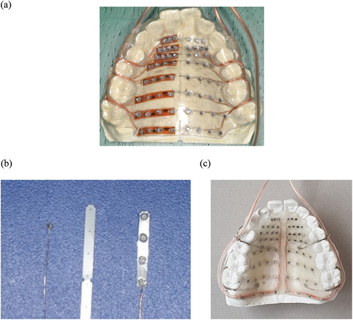Figure 3. (a) A thermoformed EPG plate (displayed on a dental plaster cast) that shows the comparison of two types of electrode placement, i.e., the use of pre-tested flexible circuits (left) and the conventional method of individual electrode placement (right); (b) a pre-tested flexible circuit (right) comprised of electrodes (left) embedded on an electrode sheet (middle); and (c) a Mcyam EPG plate.
