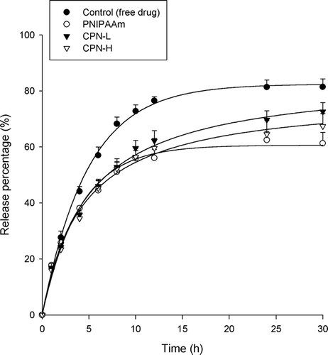 FIG. 6 Release percentage (%)-time profiles of carboplatin across a cellulose membrane from PNIPAAm, CPN-L, and CPN-H hydrogels (15%, w/w). Each value represents the mean ±SD (n = 4).