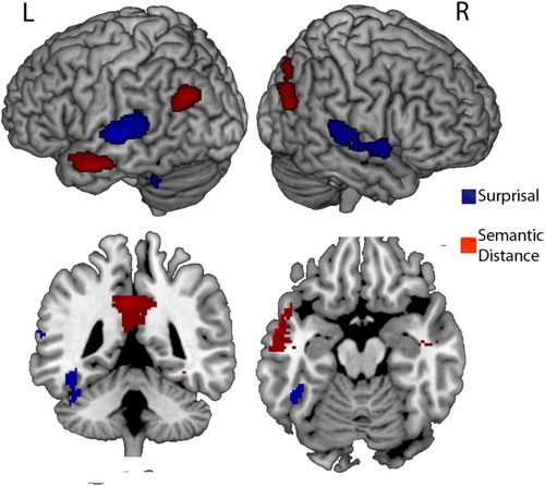 Figure 3. Brain areas that become significantly more active (p<.05 corrected for multiple comparisons) in response to larger surprisal (blue) or semantic distance (red).