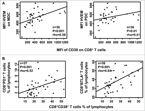 Figure 4. Association between systemic CD8+ T cell activation and systemic immune activation/exhaustion. (A) Correlation between MFI of CD38 on CD3+CD8+ T cells and systemic immune activation/exhaustion [MFI HVEM on Lin2-HLA-DR+CD11c+ (top left), and MFI HVEM on Lin2-HLA-DR+CD123hi (top right)] in women with HR HPV (group 2 + 3); (B) Correlation between CD3+CD8+CD38+ % of lymphocytes and systemic immune activation/exhaustion [CD3+CD8+PD1+ (bottom left), and CD3+CD8+BTLA+ (bottom right) % of lymphocytes] in women with HR HPV (group 2+3). Data are shown as regression lines, with number of subjects (n), correlation and p values.