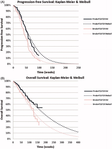 Figure 2. Survival curves. (a) Progression-free survival; (b) Overall survival. Bmab: bevacizumab; Pmab: panitumumab.