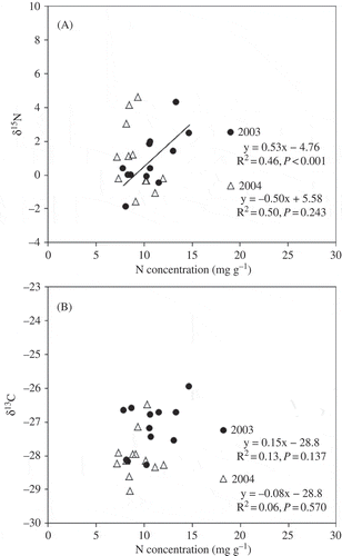 Figure 2 Correlation relationships between nitrogen (N) concentration and the natural abundance of (A) 15N and (B) carbon-13 (13C) in bluejoint [Calamagrostis canadensis (Michx.) P. Beauv.] foliage determined in September 2003 and 2004.