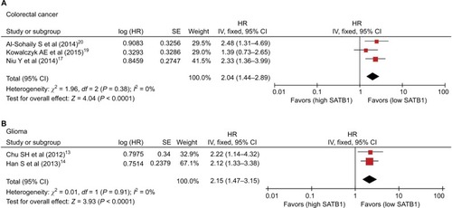 Figure 5 Subgroup analysis of OS (univariate analysis) by SATB1 expression in various tumor types. (A) Colorectal cancer and (B) glioma.Abbreviations: CI, confidence interval; HR, hazard ratio; IV, inverse variance; OS, overall survival; SATB1, special AT-rich sequence-binding protein 1; SE, standard error.