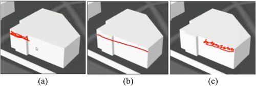 Figure 8. The user in image (a) was graded as correct since they accurately identified that the extreme noise levels occurring at the upper-left part of the façade; the user in the image (b) was partially correct (correct height, but not the specific part of the building), and the user in the image (c) was graded as incorrect.