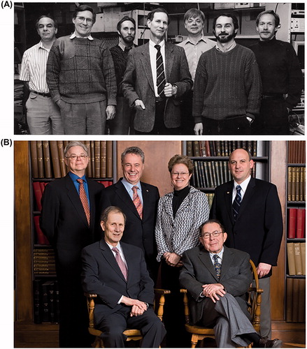 Figure 3. (A) Photo of the Medical Research Council of Canada group in Nerve Cells and Synapses. Peter Carlen, Milton Charlton, Peter Pennefather, Harold Atwood, John MacDonald, Martin Wojtowicz, and David Hampson. (B) Photo of former Chairs of the Department of Physiology at the University of Toronto. Back row – John MacDonald, John Challis, Patricia Brubaker, and Stephen Matthews. Front row – Harold Atwood and Mladen Vranic.