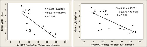 Figure 2. Linear regression of grain yield of bread wheat and rAUDPC for yellow and stem rust at Burji, Bonke and Chencha in southern Ethiopia during 2018 cropping seasons, respectively.