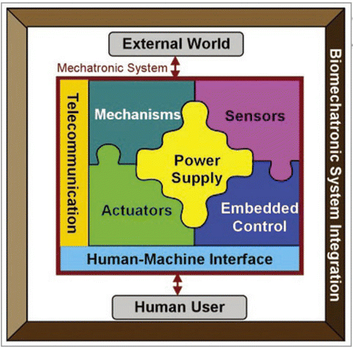 Figure 2 Conceptual scheme of the biomechatronics scientific/technological paradigm: a typical mechatronic system is characterized by the smooth and effective integration of its fundamental components (mechanisms, sensors, control, actuators, power supply), and by the fact that such integration is included in the components and system design process, from the very beginnings; biomechatronics considers the system together with its interactions with the external world and with the human operator, which become a source of biological inspiration, on one side, and a reference for functional specifications, in systems for biomedical applications, on the other.