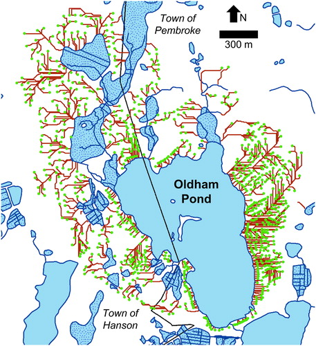 Figure 2. Oldham Pond Watershed, Pembroke and Hanson, Plymouth County, Massachusetts. All 859 OWS locations are shown as circles, and groundwater flow paths as lines. Stippled polygons are wetlands or cranberry bogs.