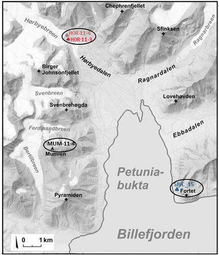 Fig. 1. Map of Petuniabukta Bay showing the location of the sampling sites. (Modified from Svalbardkartet data, Norwegian Polar Institute.).