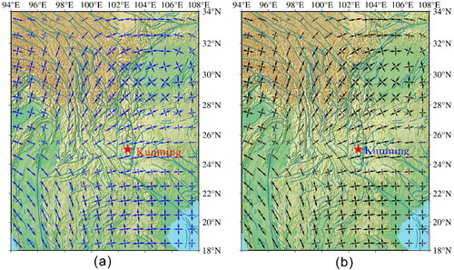 Figure 3. Comparing the actual strain rates (ASR) with the computed counterparts (CSR) based on the same surface velocity data in Case 1. (a) Distribution map of principal strain rates calculated mathematically based on the EquationEqs. (1)–(6); (b) computed principal strain rates with the method developed by Zhu et al. (Citation2005, Citation2006). It is clear that CSR in (b) is almost the same as ASR in (a).