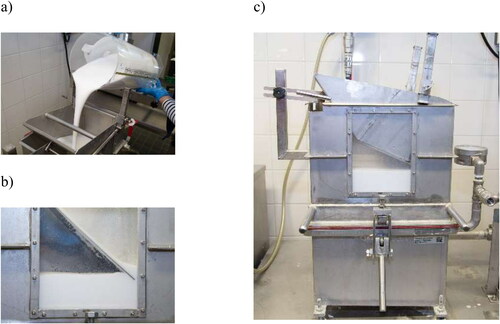 Figure 15. The working procedure for the foam-laid handsheets: (a) Fiber foam is decanted into the handsheet mold; (b) fiber orientation is controlled with foam flow determined by a tilted plate and the gap between this plate and a mold boundary; (c) foam-forming handsheet mold before foam removal.