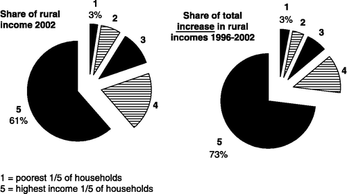 Figure 1 Share of rural income and income increase, by quintile of household income The chart shows that the poorest 1/5 of households have only 3% of rural income and received only 3% of the gains between 1996 and 2002. Source: Hanlon and Smart, Do Bicycles Equal Development, based on Broughton et al., ‘Changes in Rural Household Income’.