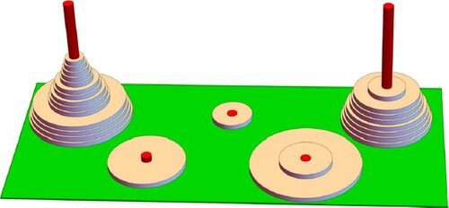 Fig. 1 A tower of 26 disks being transferred using work pegs of heights 2, 1, and 2.