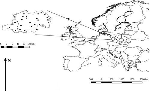 Figure 1. Map of the study area. Each black square designates a single study plot of 1 × 1 km.