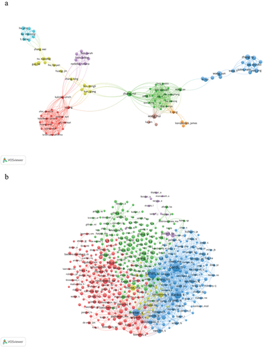 Figure 4. Visualization of authors (a) and co-cited authors (b) on research of RNA vaccines for cancer.