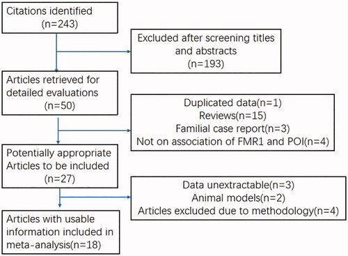 Figure 1. Flow diagram of screening for relevant articles in meta-analysis of data on the CGG repeat length and idiopathic POI.