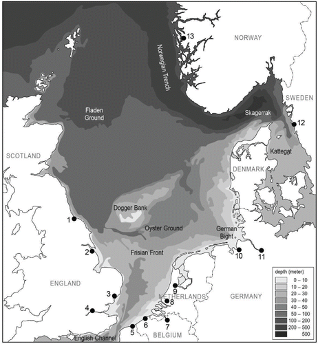 Figure 1. An overview of the North Sea bathymetry, northwestern Europe (from ICONA Citation1992). The dark dots are the major North Sea ports. The numbers correspond to the numbers in Table 1.