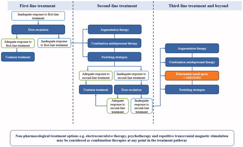Figure 1. How esketamine nasal spray might fit into a proposed treatment pathway for patients with MDD. MDD: major depressive disorder; SNRI: serotonin and norepinephrine reuptake inhibitor; SSRI: selective serotonin reuptake inhibitor.