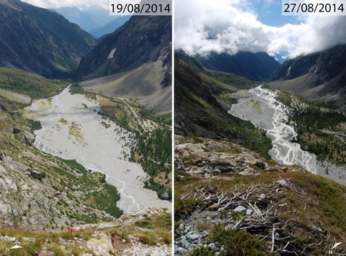 Figure 7. Outwash plain of Glacier Noir and Glacier Blanc. As a consequence of the heavy rainfall event of 26th August 2014, the proglacial stream shifted from the northern edge (left hand side image) of the outwash plain to the southern edge (right hand side image), illustrating this highly dynamic environment.