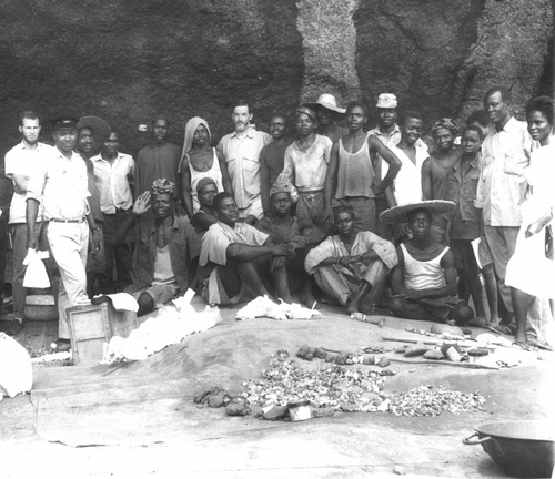 Figure 3. Thurstan Shaw with his excavation team at Iwo Eleru in 1965 (Thurstan Shaw Collection, UCL).