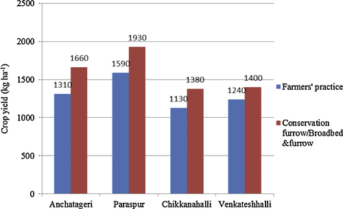Fig. 2 Effects of landform management on soybean yield in Dharwad district (Anchatageri, Paraspur) watersheds and groundnut yield in Kolar district (Chikkanahalli, Venkateshhalli) watersheds in Karnataka, 2007.