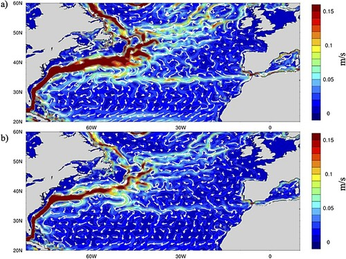 Figure 2.5.3. Composite currents (amplitude in m/sec in colour) at 75 m depth for the years when the MSSHMS is >4 cm (panel a) and <−4 cm (panel b). Product ref. 2.5.2 is used.