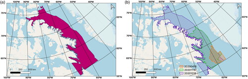 Figure 1. The study area. (a) The red outline shows the region of study, which is based on the maximum extent of all available daily ice charts during the study period. (b) An example of the data set coverage over the study area for a given day. Each date’s coverage is indicated by a polygon with different colors. The study area’s size changes daily and month to month due to changes in the area over which CIS is required to provide ice conditions, which depends on shipping and other activities in the region. Notice that the largest charted area in (b) is for October when the ice starts to freeze up, and there is still activity over a large region of Baffin Bay. Datum is the world geodetic system 1984 (WGS84), and the projection coordinate system is Lambert conformal conic.