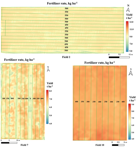 Figure 1. Yield and treatment maps of strip trials. Within the depicted strips, the numerical values denote the corresponding fertilizer application rates. The gradient colors represent the distribution of the predicted yield.