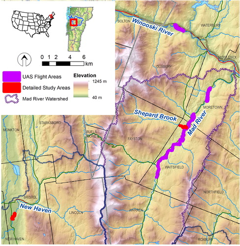 Figure 1. Map of study area and portions of river corridor surveyed with UAS. Source: Author