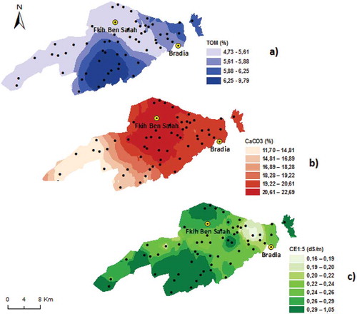 Figure 3. Distribution map of total organic matter (TOM), carbonate content (CaCO3) and electrical conductivity (CE1:5) in the soil of the Béni-Amir area. The map was generated with the software ArcGIS.