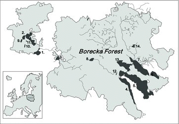 Figure1. Geographical distribution of the studied lakes in the Borecka Forest; lake types are marked with numbers; dimictic lakes: 1 – Zabinki, 2 – Krzywa Kuta, 3 – Lekuk, 4 – Litygajno, 5 – Lazno, 6 – Szwalk Maly, 7 – Szwalk Wielki, 8 – Wolisko; polymictic lakes: 9 – Biala Kuta, 10 – Smolak, 11 – Kacze, 12 – Dubinek, 13 – Pilwag, 14 – Ciche.