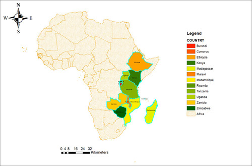 Figure 1 Map of Africa and Eastern African Regions to study access to health care in East Africa Region, 2020.