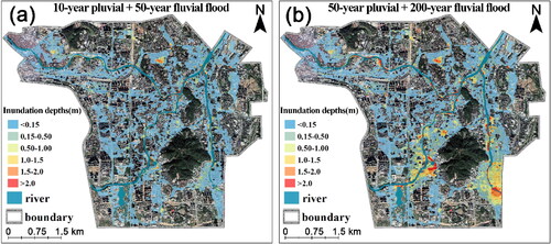 Figure 6. Maximum inundation extents and depths of compound floods: (a) combined 10-year pluvial and 50-year fluvial floods; (b) combined 50-year pluvial and 200-year fluvial floods.