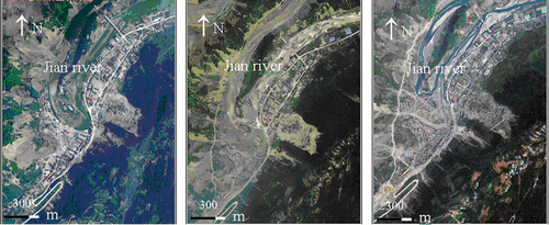 Figure 3.  Airborne remote sensing images of original Beichuan County acquired in 2008, 2009, and 2010, respectively (from left to right).