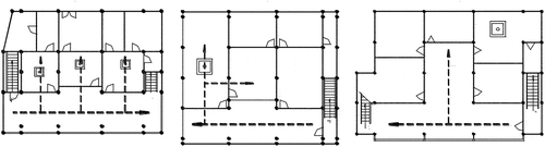 Figure 3. Plane layout of stilt dwellings (from left to right: front porch connected to living space; front porch connected to fireplace; front porch connecting to central room).