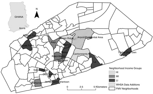 Fig. 1 Field modified vernacular neighborhoods for the Accra Metropolitan Area displaying focus group neighborhood locations and supplemental status-equivalent neighborhoods from WHSA-II shaded by income level.