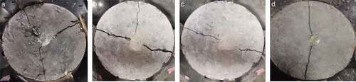 Figure 7. Final cracking of lean iron ore concrete: (a) A1, (b) A2, (c) A3, and (d) A4.