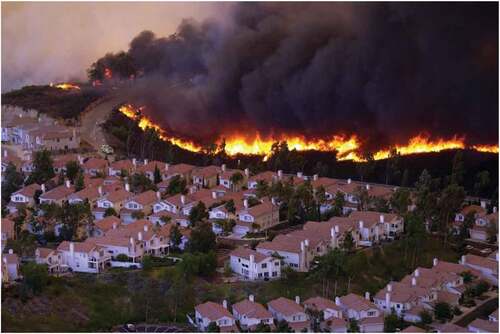 Figure 5. Example of a fire in the San Diego County wildland-urban interface (San Diego Union-Tribune, 2013).