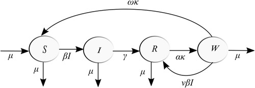 Figure 1. Flow diagram of the SIRWS system (Equation1a(1a) dSdt=−βIS+ωκW+μ(1−S),(1a) ).