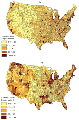 Figure 3. Entropy index standardized Z-score at county level by (a) original method and (b) fishnet method.