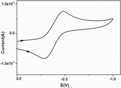 Fig. 3. CV diagram of copper complexes in acetonitrile for complex 1 using TBAP as supporting electrolyte at a scan rate of 100 mVs−1 at room temperature.