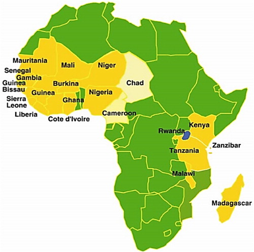 Figure 1. Map showing the distribution of RYMV in various countries in Africa. Note: countries with RYMV epidemics are labelled (adapted from Banwo Citation2002).