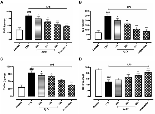 Figure 11 11 (A);IL-1β (pg/mg), 11 (B); IL-6 (pg/mg), 11 (C); TNF- α (pg/mg), 11 (D); BDNF (ng/mg) concentration (mean±SEM) measured in control, imipramine treated group and methanolic extract of treated groups (100, 300, and 500 mg/kgbwt) post oral administration of 14-days, in LPS-induced depression mice (LPS; 0.83 mg/kg bwt i.p at 14th Day). Each group has the same number of mice (n=10). Values are statistically significant at ###P˂0.001, between normal and LPS group, ***P˂0.001, **P˂0.01, *P˂0.05 between LPS and imipramine treated groups.