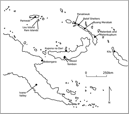 Figure 1. Map of archaeological sites in the Bismarck Archipelago in relation to eastern Papua New Guinea.