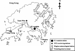 FIG. 1 Sampling locations for the Hong Kong Polytechnic University (PU) vehicle emissions dominated roadside station, two monitoring stations of Environmental Protection Department (EPD), and one meteorological station.